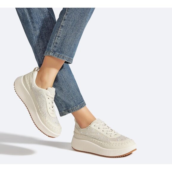 Lucky Step Women Beige Rhinestone Sparkly Chunky Retro Braided Casual Sneakers - Picture 9 of 9